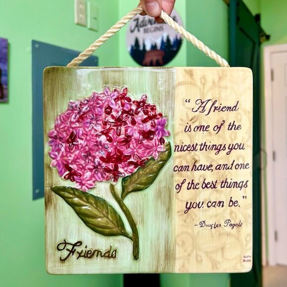 Vintage Ceramic Painted Hydrangea Floral Wall Hanging 3D Home Art Decor - Picture 1 of 5